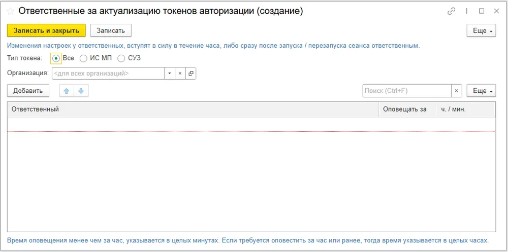 Ответственные за актуализацию токенов авторизации: тип токена, организация, время оповещения